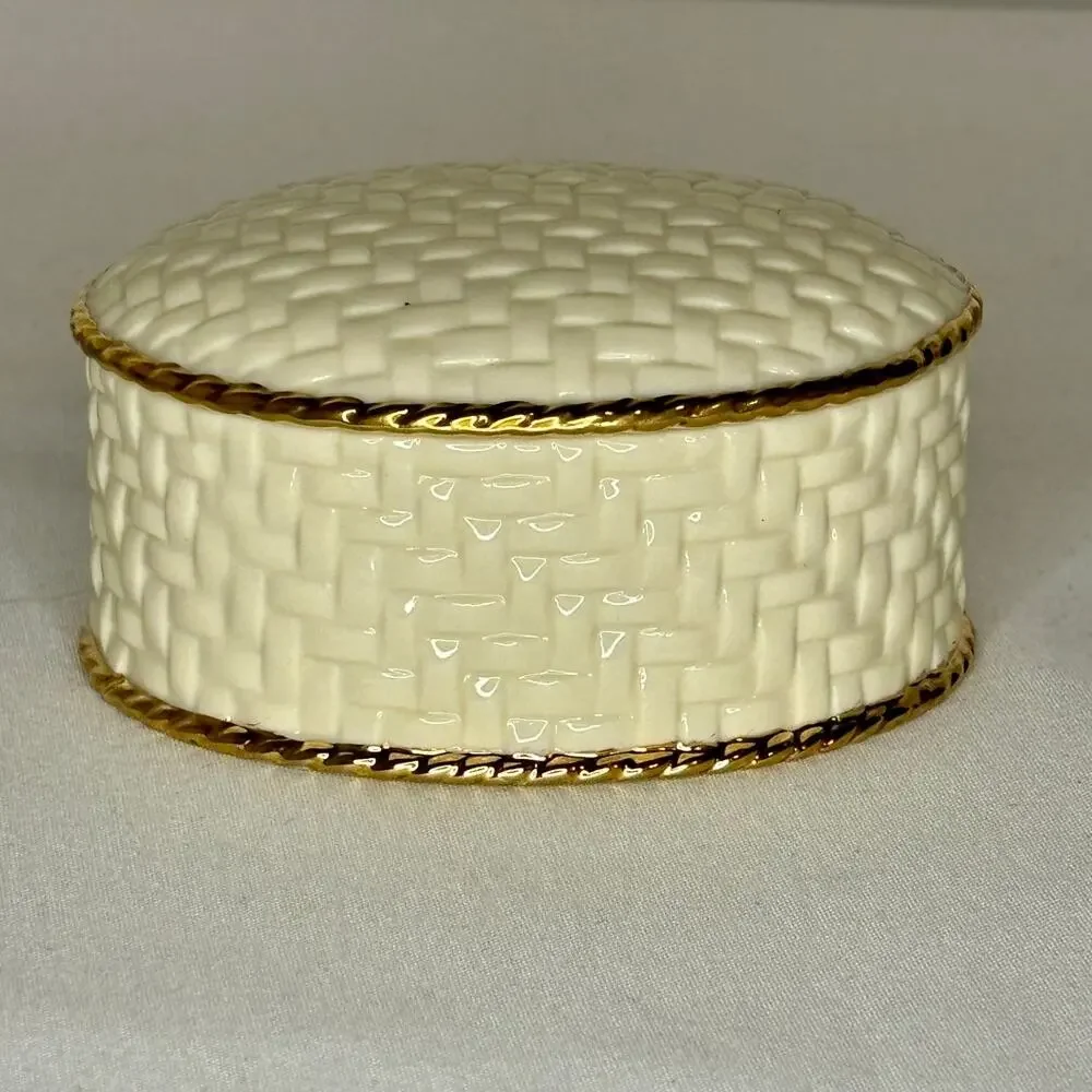 Lenox Oval Basketweave Trinket Box/ Jewelry Box EUC Ivory and Gold